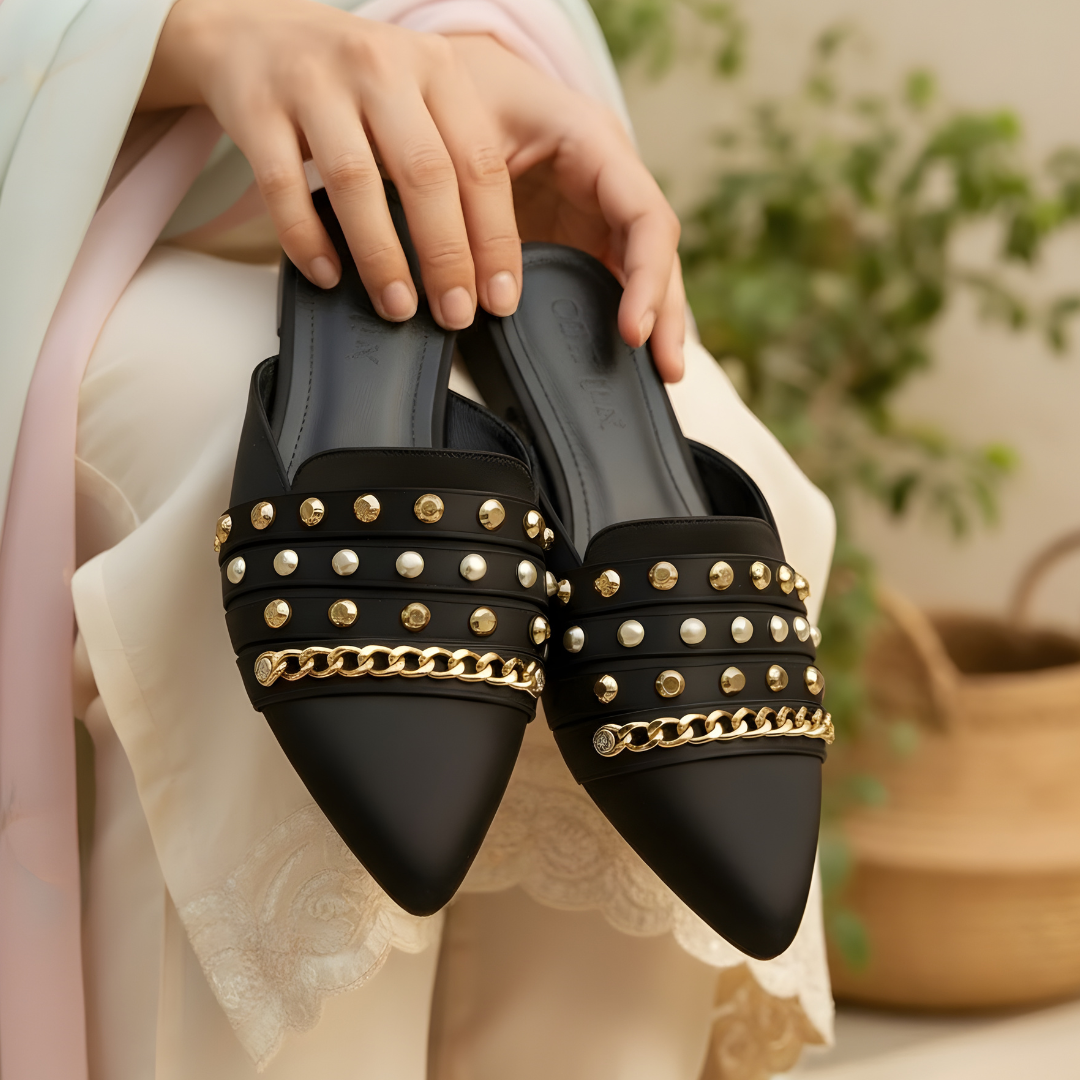 Aurelia Luxe – Studded Chain Slip-On Mules