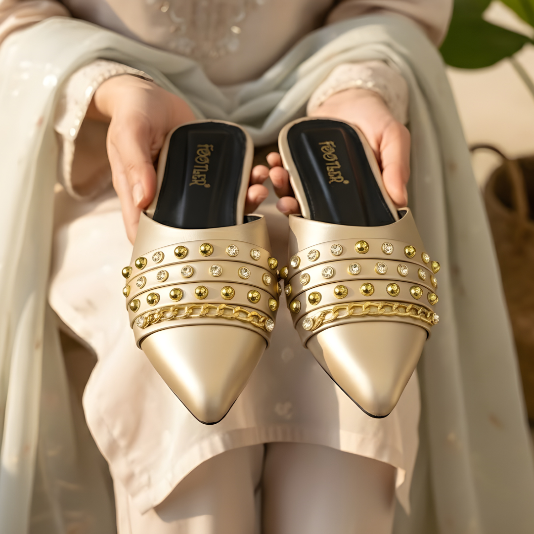 Aurelia Luxe – Studded Chain Slip-On Mules